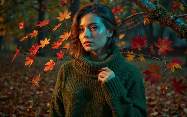 HD PC desktop wallpaper: aesthetic autumn portrait of a woman in a green sweater surrounded by red and orange maple leaves.