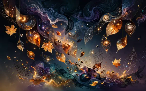 Aesthetic fall-autumn abstract: glowing leaves and filigree swirls drift through cosmic light and orbs — 4K Ultra HD PC desktop wallpaper/background.