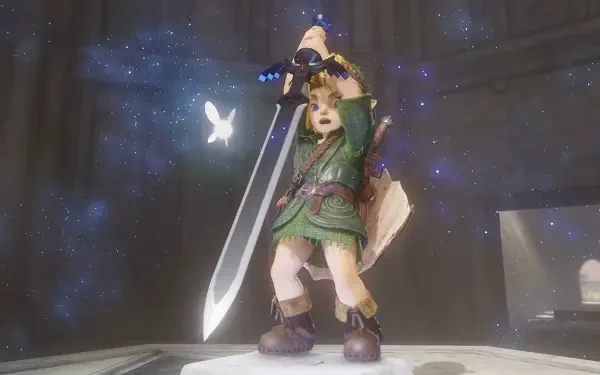 Link from The Legend of Zelda: Ocarina of Time raises a glowing sword as Navi flutters beside him amid sparkles — HD PC desktop wallpaper featuring the game character.