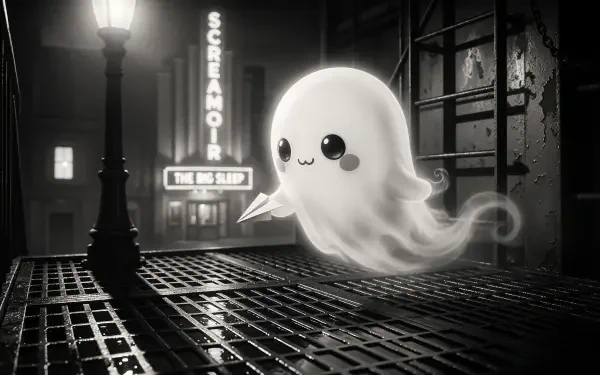 Cute cartoon ghost floating above a wet city grate at night, glowing with big eyes — 4K Ultra HD PC Desktop Wallpaper and Background.