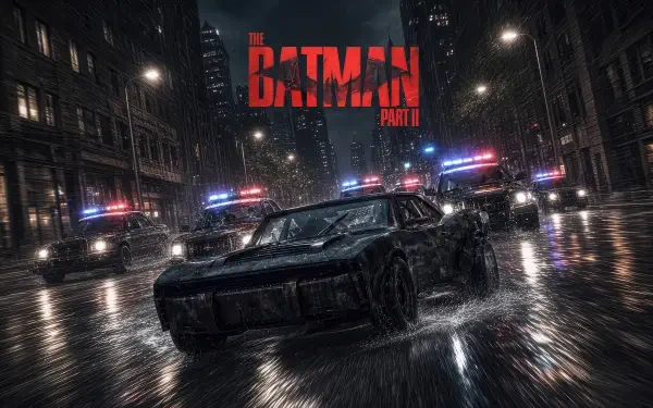 Moody digital art 4K Ultra HD PC desktop wallpaper: Batman and Batmobile cut through rainy neon city streets at night, police lights glinting on wet asphalt.