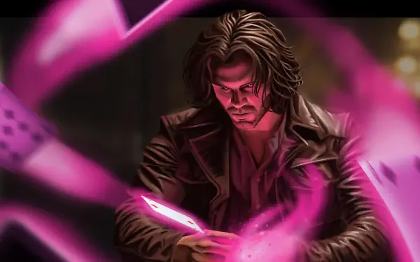 4K Ultra HD digital art PC wallpaper of Gambit (Marvel Comics) charging a glowing pink playing card as magenta energy swirls around him, trench coat and focused expression.