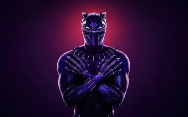 4K Ultra HD PC desktop wallpaper digital art of Black Panther (Marvel Comics) in his vibranium suit, arms crossed over chest, purple highlights glowing against a dark gradient background.