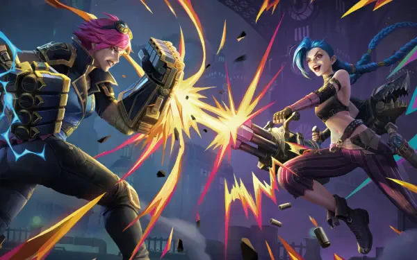 4K Ultra HD PC desktop wallpaper showing League of Legends' Vi and Jinx mid-air clash, explosions and flying bullets in a vibrant, action-packed scene.