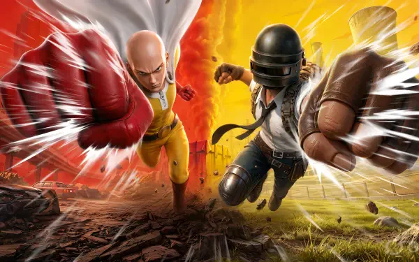 2K Quad HD PC desktop wallpaper/background: One Punch Man's Saitama and a PUBG Mobile soldier clash in a fiery split-screen One Punch Man World battlefield.