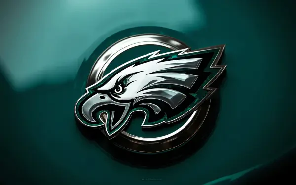 Philadelphia Eagles NFL emblem rendered in metallic 3D centered on an emerald-green abstract background — 4K Ultra HD PC desktop wallpaper.