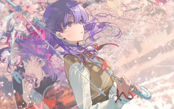 Anime illustration of Sakura Matou from the Fate series holding a parasol among cherry blossoms, vivid purple-pink palette — 2K Quad HD PC desktop wallpaper/background.