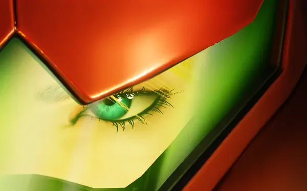 4K Ultra HD PC desktop wallpaper/background: close-up of Samus Aran’s green eye behind the red-and-green Metroid Ravenous mask.