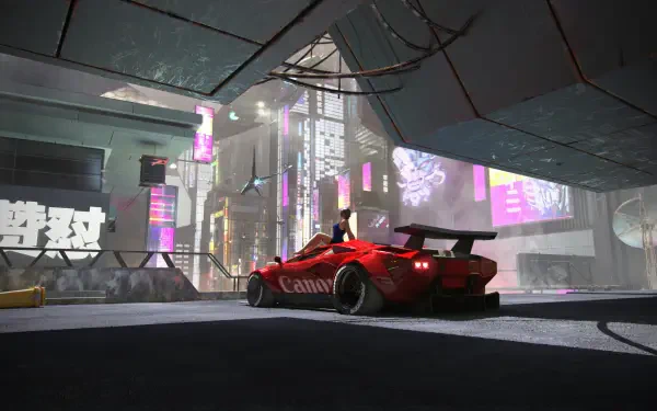 Cyberpunk digital art 4K Ultra HD PC desktop wallpaper: red sports car with a girl beside it under neon signs and holographic billboards in a rainy futuristic city.