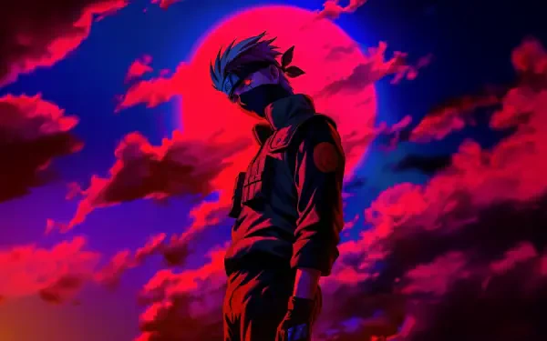 Kakashi Hatake (Naruto) silhouette against a blood-red moon and neon clouds — 5K Ultra HD PC desktop wallpaper/background.