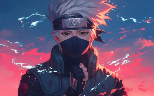 Kakashi Hatake (Naruto) in a 2K Quad HD PC desktop wallpaper and background: masked white‑haired ninja with Sharingan headband against a vivid red and blue sky.