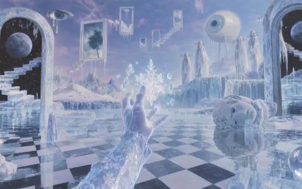 4K Ultra HD PC desktop wallpaper: a moonlit ice realm where a glowing rabbit casts crystalline ice magic across a reflective checkerboard floor, with frozen towers and a distant moon.