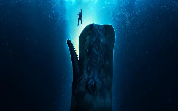 4K Ultra HD PC desktop wallpaper of a whalefall movie scene: a lone diver hovers above a vertical whale carcass in eerie blue deep ocean light.