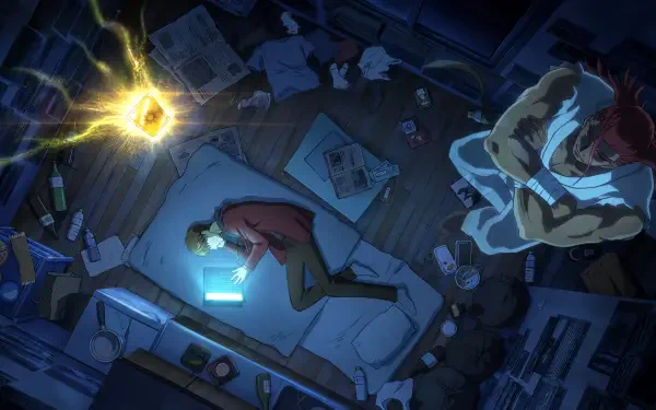 SSS-Class Revival Hunter anime, bedroom at night: overhead of a sleeping youth on a messy bed lit by a glowing device, a cloaked hunter and floating energy orb — 4K Ultra HD PC desktop wallpaper