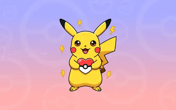 Anime Pokemon fan art 8K Ultra HD PC desktop wallpaper: Pikachu smiling and holding a heart-shaped Pokeball against a soft pink-to-purple pastel gradient background.