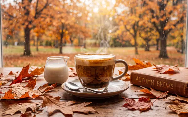 Espresso Fall 5K Ultra HD PC desktop wallpaper: steaming espresso cup and milk jug on a windowsill, autumn leaves scattered, golden fall trees visible outside.