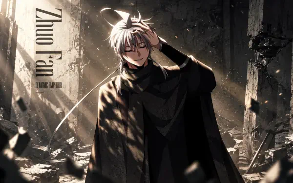 Anime — Frieren: Beyond Journey's End 2K Quad HD PC wallpaper: cloaked Frieren in a ruined hall, eyes closed, shafts of light and drifting dust.