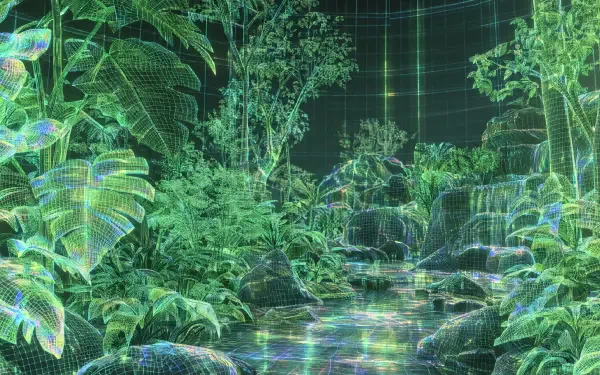 4K Ultra HD PC desktop wallpaper background: holographic jungle landscape with dense greenery, tropical forest foliage and a glowing stream rendered in neon wireframe.