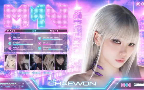 5K Ultra HD PC desktop wallpaper: silver‑haired K-pop idol portrait set in a neon cyberpunk city, Overwatch 2–style HUD elements, thumbnail photo strip and a prominent name plate.