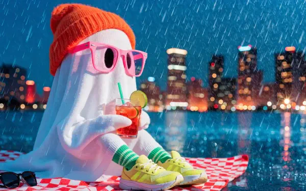 Cute ghost in pink sunglasses and orange beanie, green sneakers, sipping a cocktail on a picnic blanket by a rainy city skyline — 2K Quad HD PC desktop wallpaper