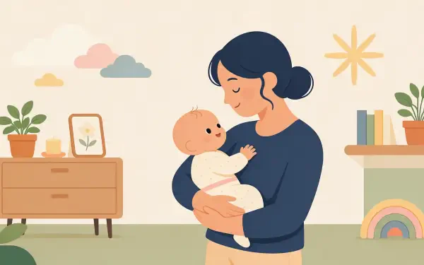 Illustrated mother gently cradling her baby in a cozy nursery with plants, dresser and rainbow accent — 2K Quad HD PC desktop wallpaper and background.