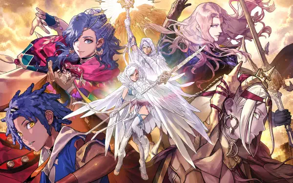 Fire Emblem: Fortune's Weave anime 4K PC desktop wallpaper — radiant winged figure at center, flanked by diverse armed heroes beneath a golden, cloud-filled sky.