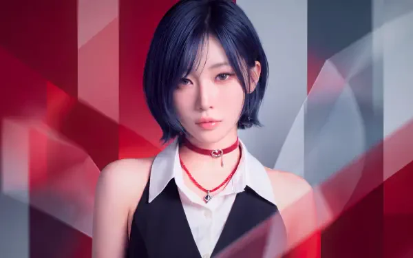 Close-up portrait of a blue-haired K-pop model wearing a choker and black vest against a red-gray geometric background — 5K Ultra HD desktop wallpaper.