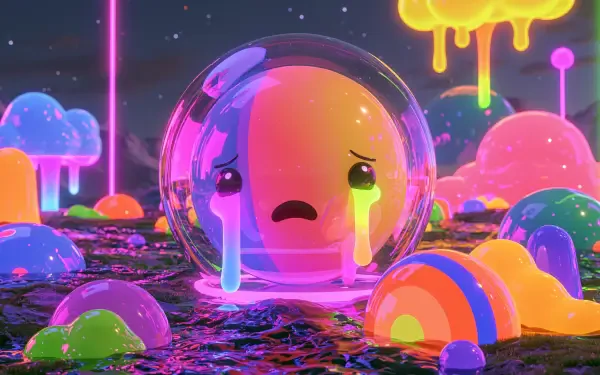 Neon sad emoji in a glass bubble with rainbow tears, surrounded by glowing candy mounds and dripping neon shapes — 2K Quad HD PC desktop wallpaper and background.