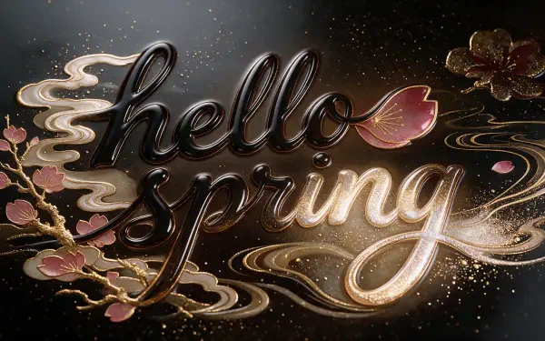 2K Quad HD PC desktop wallpaper featuring glossy hello spring lettering, pink blossoms, gold swirls and sparkling accents on a dark, shimmering background.