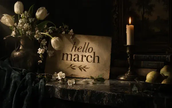 4K Ultra HD still-life desktop wallpaper: dimly lit table with white tulips and blossoms, a handwritten hello march sign, a burning candle and stacked books.