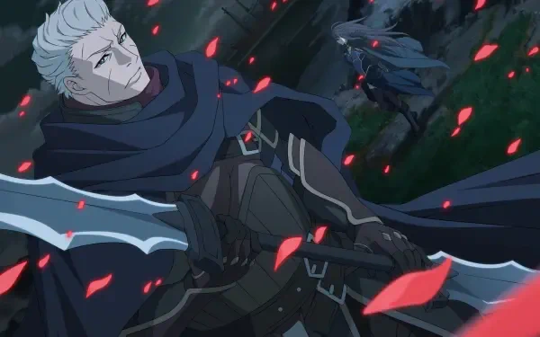 Anime 2K Quad HD PC wallpaper: cloaked mercenary swordsman in foreground, witch with raven in the shadowed background as red petals drift through the scene.