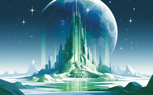 Futuristic green sci-fi castle-city rising from icy plains beneath a huge moon and starry sky — 2K Quad HD PC desktop wallpaper and background.
