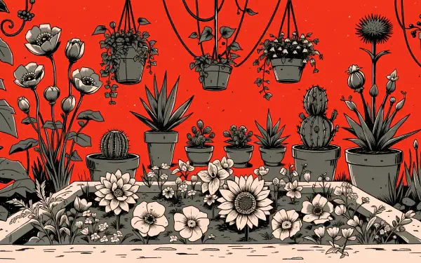 2K Quad HD PC desktop wallpaper showing a stylized flower garden—potted plants, succulents, cacti and blooming flowers on a bold red background.