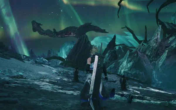 Cloud Strife stands in a crystalline, twisted forest beneath aurora skies — Final Fantasy VII Revelation HD PC desktop wallpaper and background.