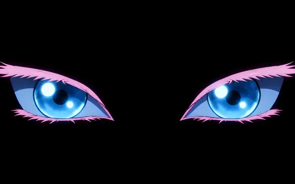 Anime close-up of Akaza's eyes from Demon Slayer: vivid blue irises with pink lashes against a black void — 5K Ultra HD PC desktop wallpaper and background.