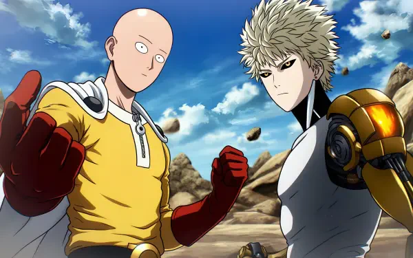 One-Punch Man 4K Ultra HD PC desktop wallpaper showing Saitama and Genos standing on a rocky battlefield under a bright blue sky.