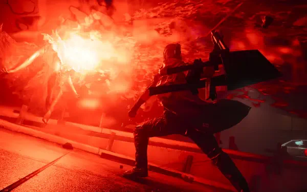 4K Ultra HD desktop wallpaper: Dylan Faden from Control Resonant — a soldier wielding a weapon amid a blistering red explosion.