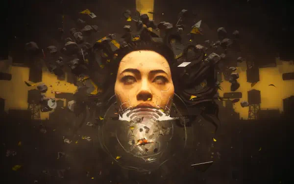Control Resonant: surreal HD PC desktop wallpaper of a woman's portrait — a floating face amid fractured dark shards and a mirrored liquid mask.