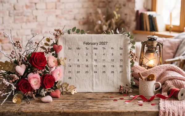 5K Ultra HD PC desktop wallpaper: February 2027 calendar on a rustic table surrounded by roses, a candle lantern, a mug and a cozy knit blanket.