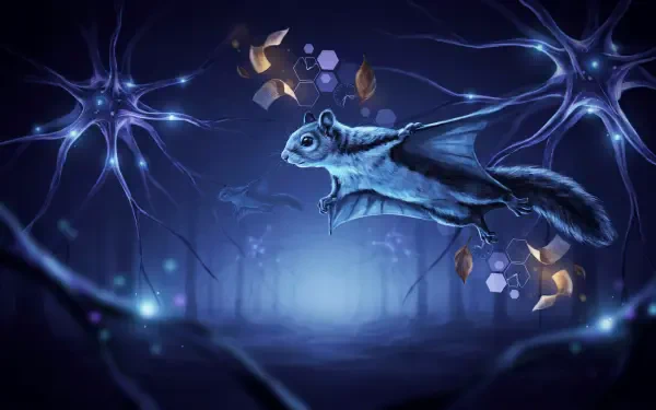 Flying squirrel gliding through a blue, misty forest with glowing, neural-like branches and floating geometric lights — 2K Quad HD PC desktop wallpaper.