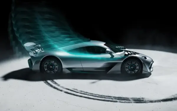Silver Mercedes-Benz AMG hypercar with teal light trail and circular tire skid marks on a dark background — 4K Ultra HD PC desktop wallpaper.