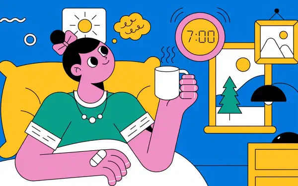 2K Quad HD PC desktop wallpaper: colorful illustration of a woman waking up in bed with coffee, a 7:00 alarm clock, sun and framed art in a bright bedroom.