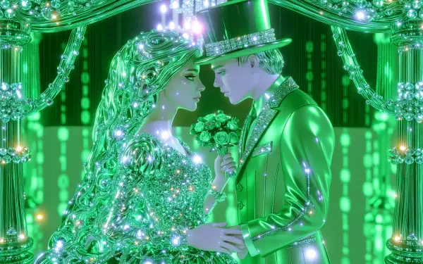Sparkling green fashion portrait of a married couple forehead-to-forehead at a marriage ceremony — stylized 2K Quad HD PC desktop wallpaper and background.