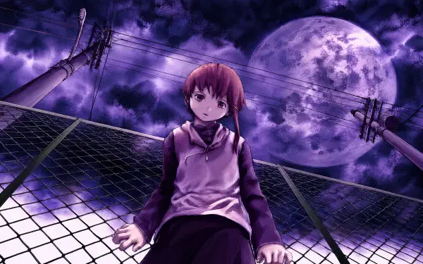 Lain Iwakura from Serial Experiments Lain sits on a chain-link fence beneath a massive purple moon — anime girl 4K Ultra HD PC desktop wallpaper.