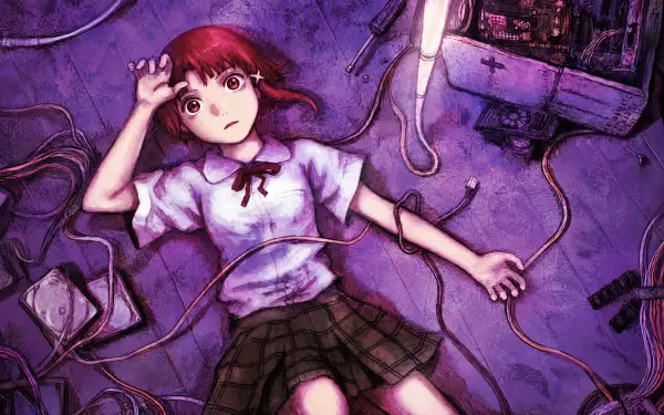 4K Ultra HD PC desktop wallpaper: Lain Iwakura from Serial Experiments Lain — an anime girl in a school uniform lying among tangled cables and vintage electronics on a purple floor.