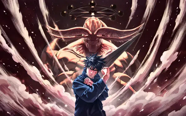Jujutsu Kaisen anime 4K Ultra HD PC desktop wallpaper: Megumi Fushiguro stands with arms crossed as the towering monster Mahoraga rises behind him amid swirling energy and clouds.