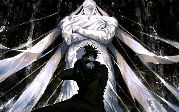 Megumi Fushiguro in silhouette as the monstrous Mahoraga looms behind him, dark high-detail 4K Ultra HD PC desktop background from Jujutsu Kaisen.