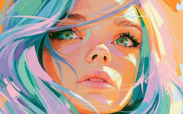 Close-up colorful portrait of a young woman with teal and pink hair and green eyes, painterly style — 2K Quad HD PC desktop wallpaper and background.