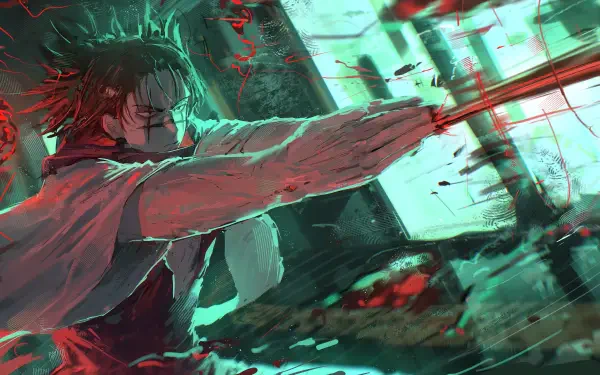 4K Ultra HD PC desktop wallpaper: Choso (Jujutsu Kaisen) in anime style, drawing a bow as red arrows streak across a teal-lit, motion-blurred battlefield.