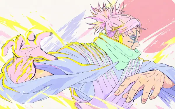 Choso from Jujutsu Kaisen — anime 4K Ultra HD PC desktop wallpaper/background: pastel illustration of Choso in an energy-charged pose with glowing yellow aura and flowing scarf.